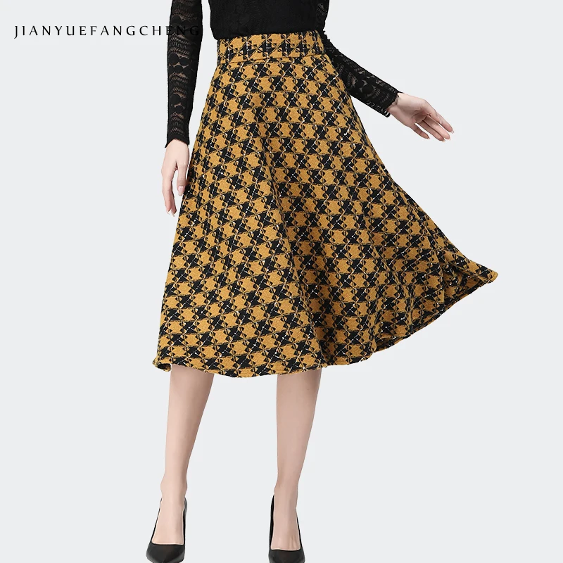 Autumn Winter Women Woolen Skirt Mid-Length 2021 New Fashion Yellow Plaid Elegant Vintage A-Line Skirts Plus Size S-4XL