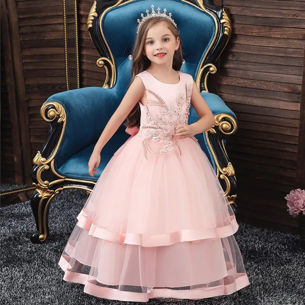 Кружевное детское платье для девочек с цветочной вышивкой винтажное бальное на