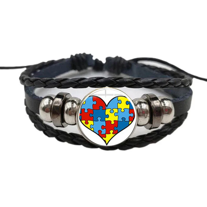 

Puzzle Autism Awareness Bracelet Puzzle Ribbon Glass Picture Woven Leather Survival Bracelet Love Hopeful Jewellery