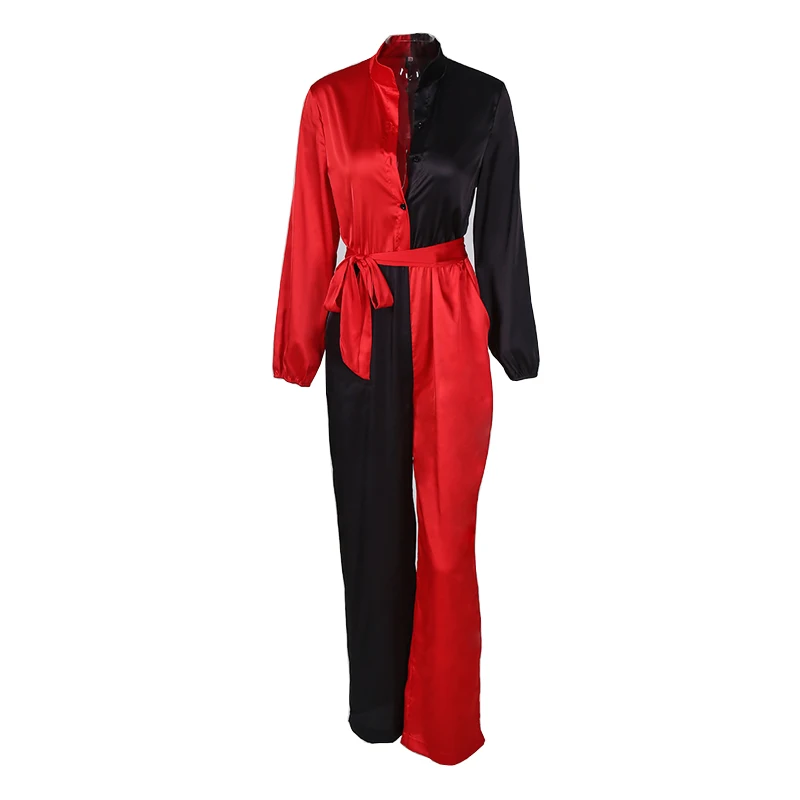 

Women Fashion V neck Lace-up Casual Jumpsuit Rompers One-Piece Outfits Overalls Colorblock Long Sleeve Knotted Jumpsuits