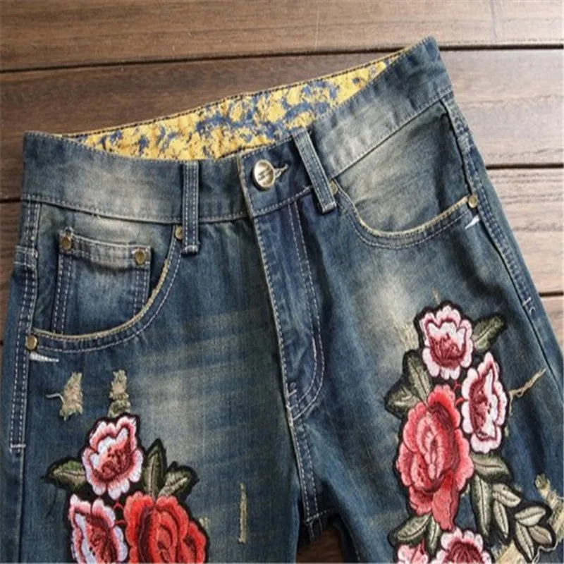 Men's Large Size Straight Tube Slim Casual Fashion Joker Embroidery Rose Trend Retro Blue Middle Waist Denim Trousers