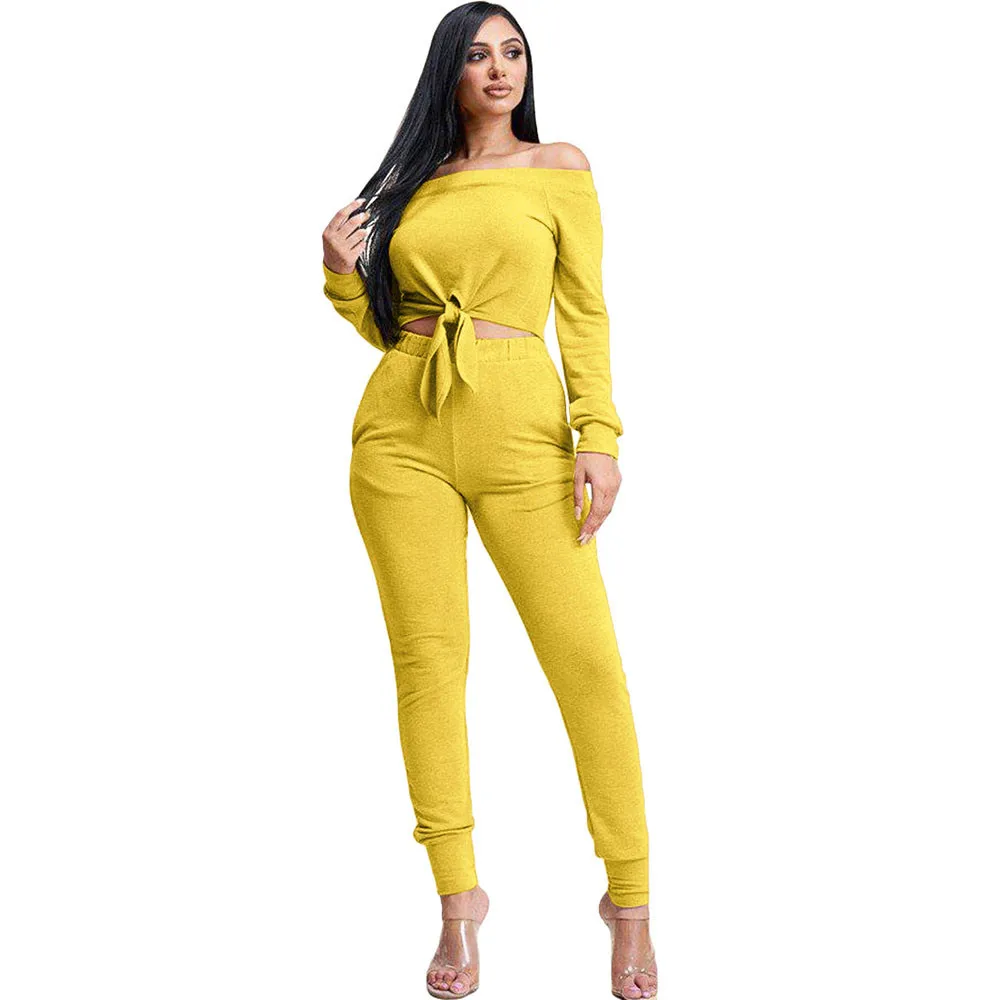 Женский комплект 2 шт. с открытыми плечами спортивный костюм длинными рукавами и