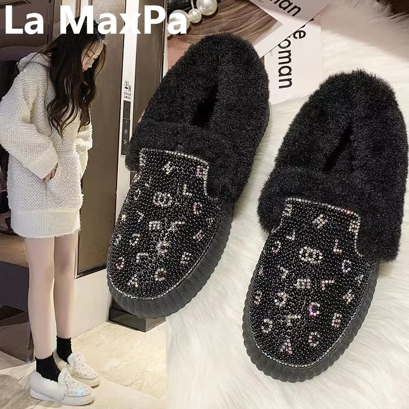 

Winter Fashion New 2021 Fashion Rhinestone Plush Keep Warm Snow Boots Women Add Fleece Cotton Shoes Fur One Comfortable and Warm