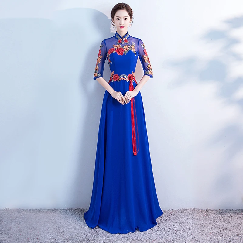 

Elegant Womans Party Dress Floor-Length Embroidery Evening Cheongsam Slim Long Dress Gown Banquet Wedding Qipao Clothes Vestido