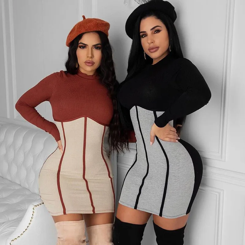 

2021 Spring New Patchwork Color Short Dress Women Casual Temperament Slim Half High Collar Hip Short Dress Ladies