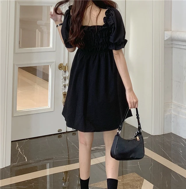 

French square neck Bubble Sleeve Dress Small Lori dress 2021 summer Mini A-line pure black casual dress