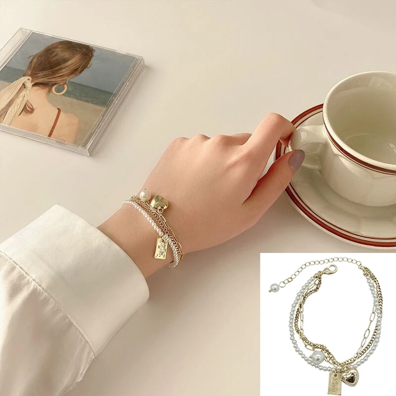 

Super Value Multi Layer Pearl Heart Folded Bracelets Jewelry Fashion Multilayer Peach Heart Pearl Bracelet Luxury Bracelet
