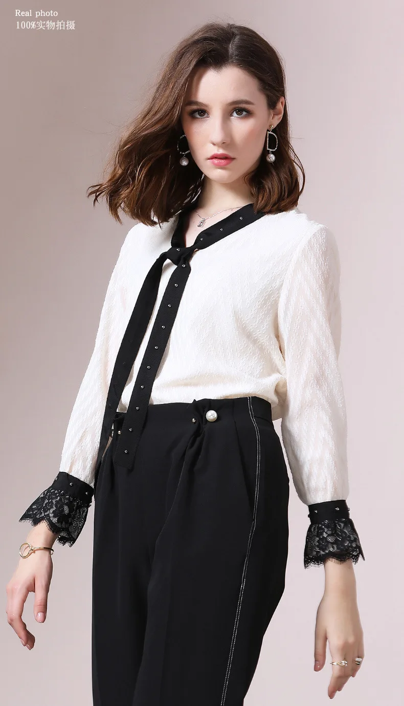 

Женская шифоновая рубашка, оригинальная рубашка с контрастным воротником-бантом в оригинальном стиле, весна 2020