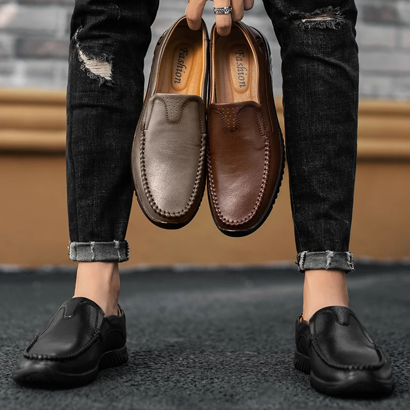 

Vintage Leather Men Dress Shoes Luxury Brand 2021 Casual Slip on Flats Formal Loafers Men Moccasins Black Male Driving Shoes