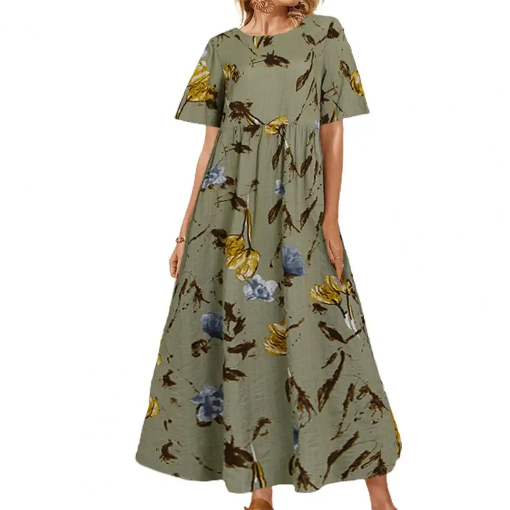 

Summer Women Dresses Bohemian Flower Printed Short Sleeve High Waist O Neck Ladies Plus Size Dress Sundress