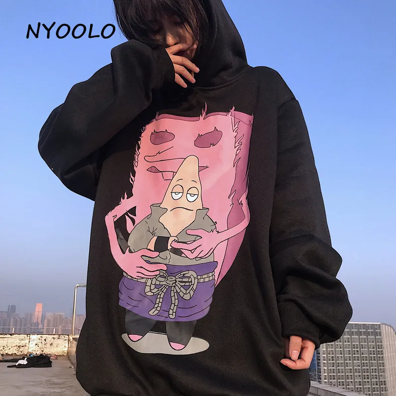 NYOOLO Harajuku street childlike мультфильм печати плюс бархат теплые толстовки Осень Зима Свободный пуловер толстовка с капюшоном для женщин мужчин - Цвет: Черный