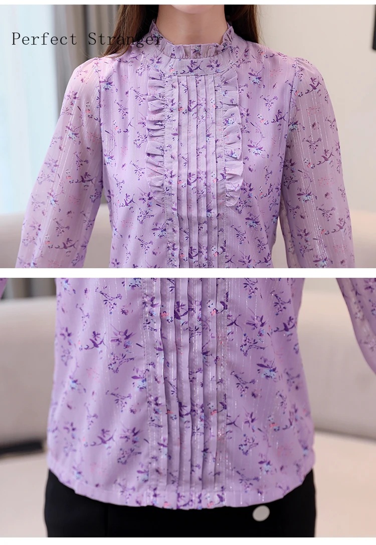 Женская шифоновая блузка с цветочным принтом корейский стиль воротник-стойка