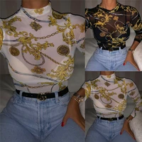 women mesh sheer see through print shirt blouses outwear turtleneck long sleeve tops transparent slim shirt bodycon club blouse