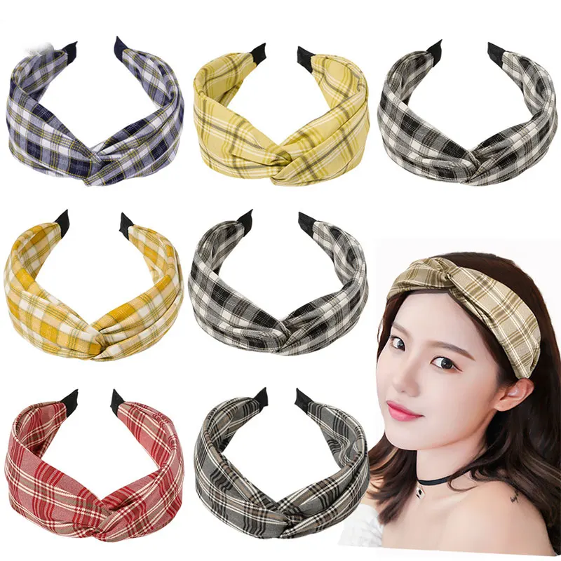 

Vintage Wide Side Headband Cross Knotted Plaid Hair Band Simple Head Hoop Canvas Turban Hair Hoop Bezel Makeup Hair Accessories