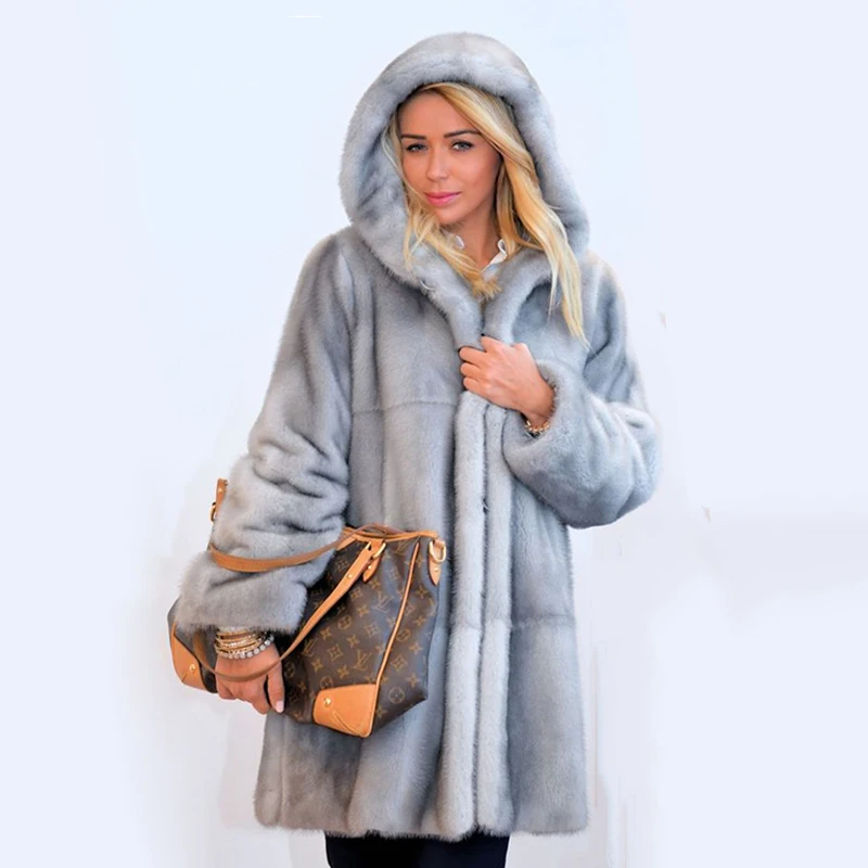 Natural Hooded Real Mink Fur Coats Women Fashion Winter New Import Mink Fur Coat 90cm Long Female Plus Size Fur Outfit Luxury