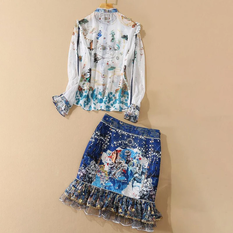 

VGH Vintage Two Piece Set For Women O Neck Long Sleeve Shirts High Waist Mini Bodycon Skirts Print Sets Female Summer 2021 Style