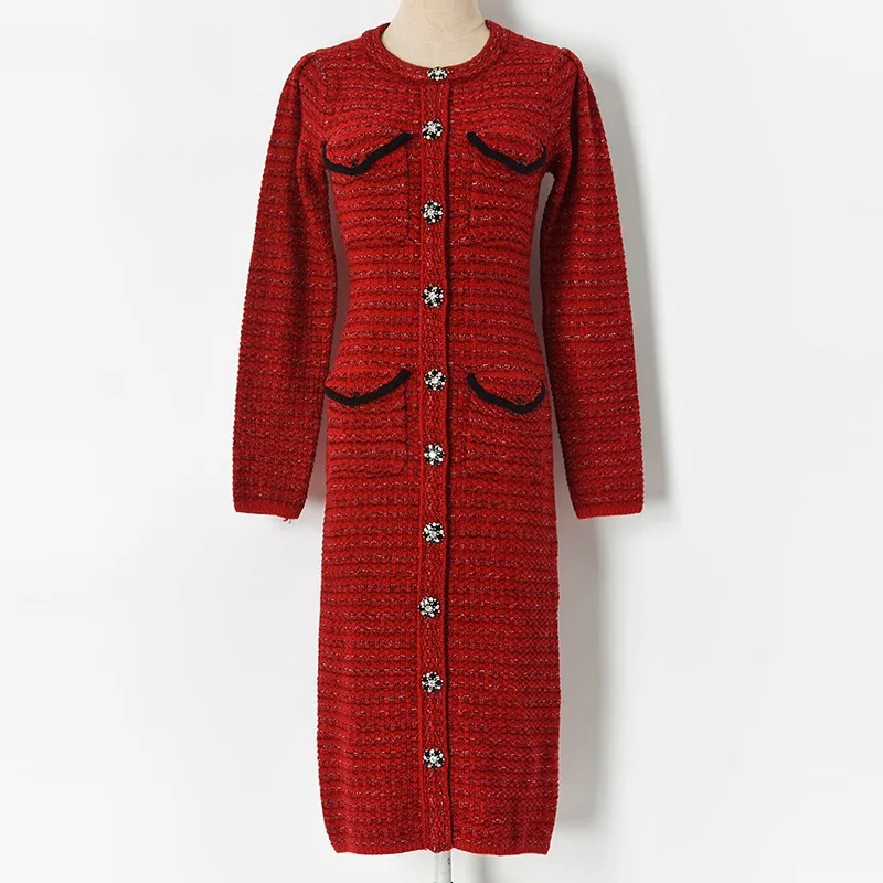 

CON Women Retro Style Red Blended Knitted Dress Petal Buckle Fake Pockets Waist Slimming Dress Lady Spring Autumn