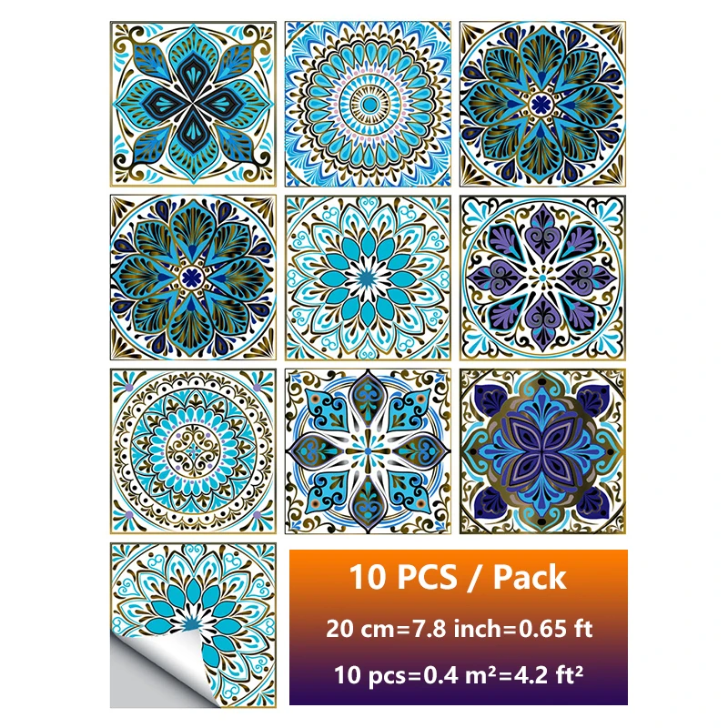 

20x20cm Tile Sticker 10pcs Waterproof Blue Retro Pattern Wall Sticker Use for Kitchen Bathroom Wall Floor Decoration DIY Mural