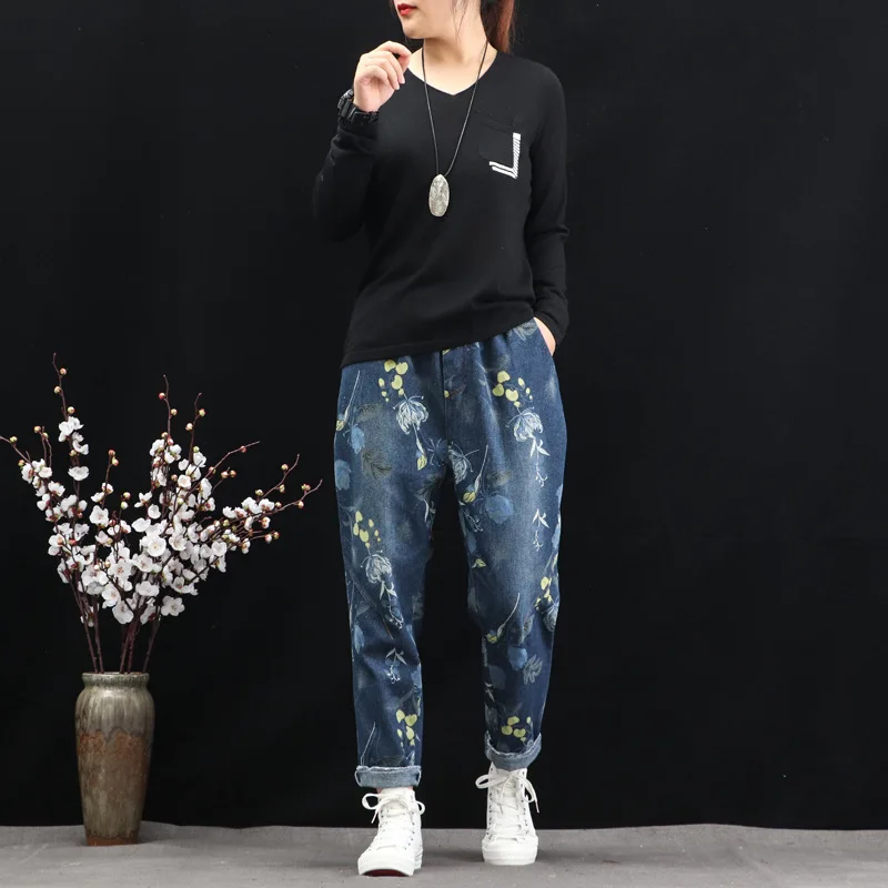 Женские джинсы с принтом винтажные свободные широкие эластичной резинкой на