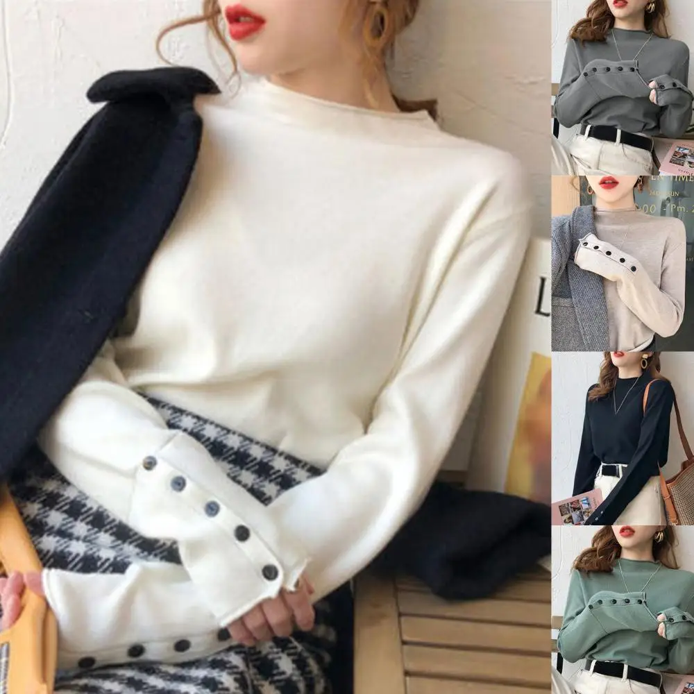 

New Women Autumn Solid Color Long Sleeve Mock Neck Buttons Slim Blouse Knitwear