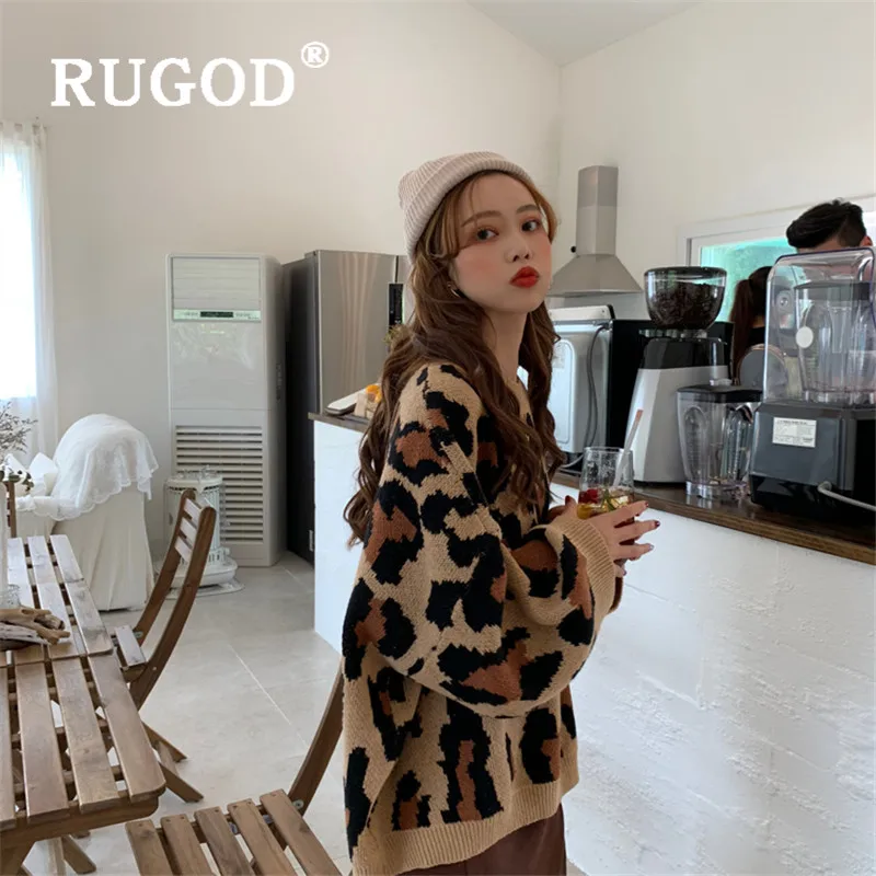 RUGOD 2019New женский леопардовый вязаный свитер с круглым вырезом свободный пуловер