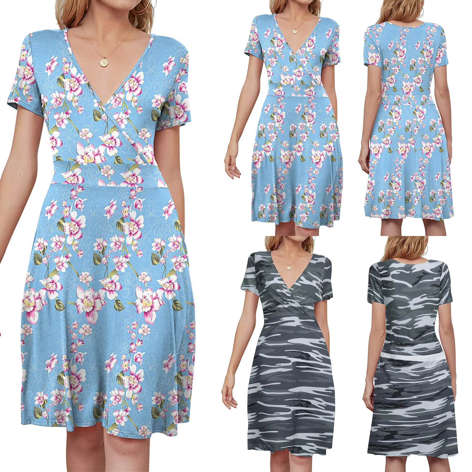 

Dresses Fashion 2021 Women Casual Print V-Neck Knee-Length Robe Short Sleeve Long Summer Dresses Daily саѬаан женские ление