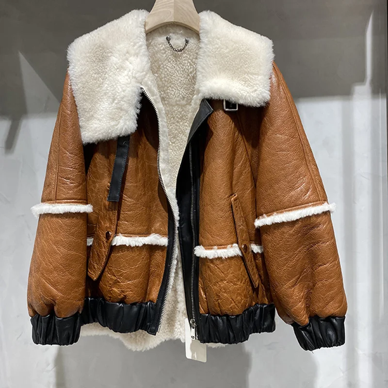 

SHZQ Women's Jacket Leather Genuine Jacket Natural Sheep Fur Liner Female Winter Coats Warm Fashion Winter Loose Style Outwear