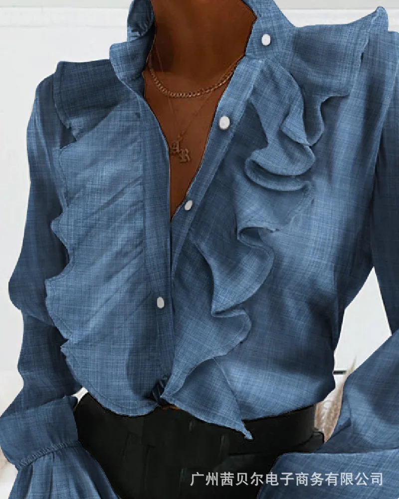 Новинка 2021 джинсовая рубашка с оборками и длинным рукавом |