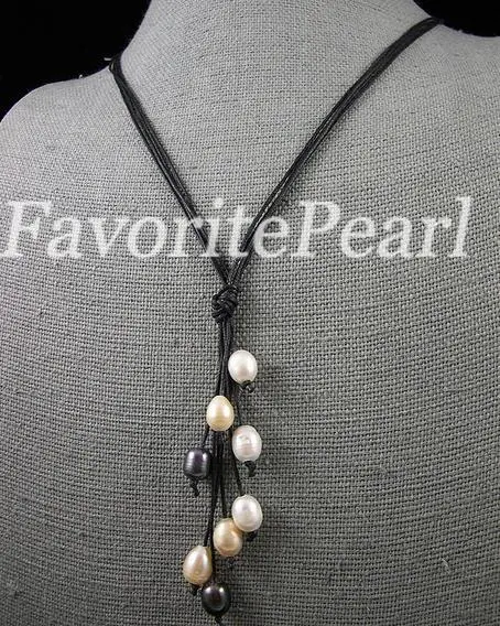 

New Perfect Favorite Pearl Necklace 8-10mm 21'' White Pink Black Real Freshwater Pearl Black Rope Necklace Charming Women Gift