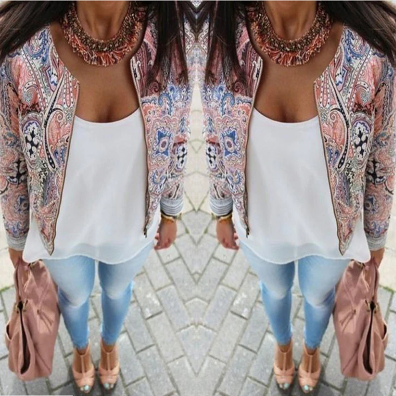 

Women Retro Flower Floral Print Jacket Zipper Bomber Collar Slim Coat Casual Outwear Female Autumn Spring Jacket Fashion Ladies