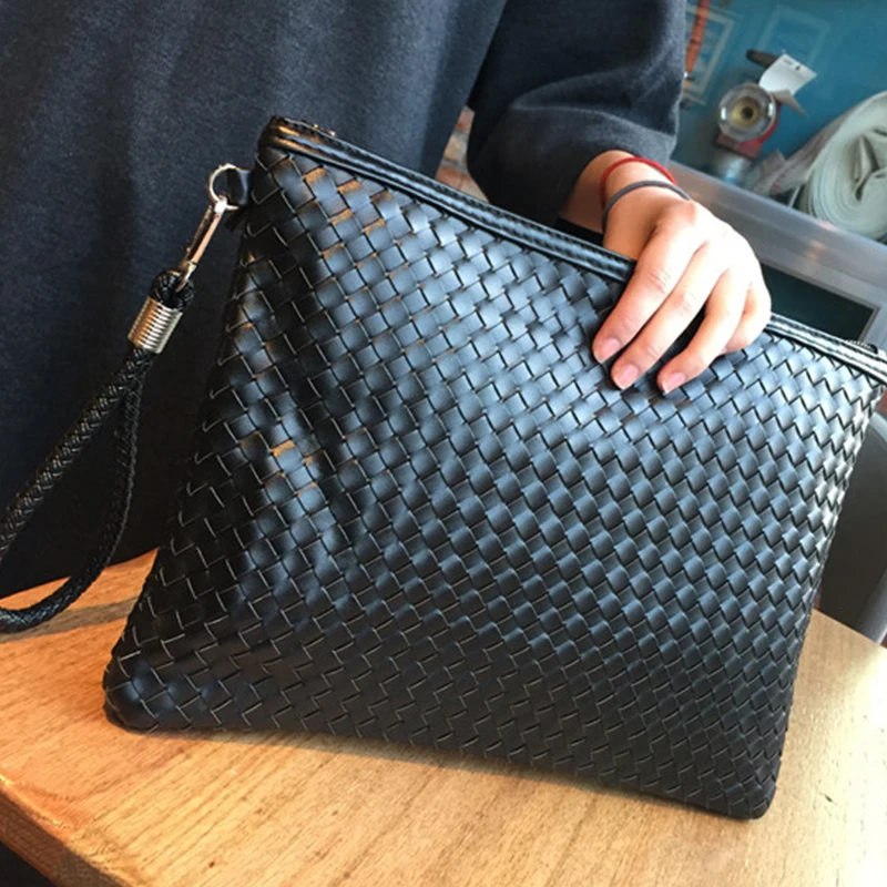 

Fashion Leather Men's Clutch Bag Handbag Brand Woven PU Leather Bag Classic Black 2 Type Large Capacity Envelope Bag New 2020
