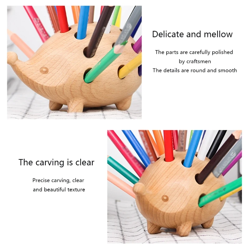 

Cute Wooden Hedgehog Pen Holder Nordic Arts Crafts Wooden Pen Organizer Desktop Ornament Decoration Solid Wood Carving Pen