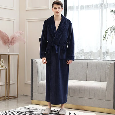 Men Navy Длинный теплый зимний халат из кораллового флиса для влюбленных, мягкий фланелевый Халат для женщин и мужчин, кимоно с длинным рукавом, банный халат, халаты для подружек невесты - Цвет: Men Navy