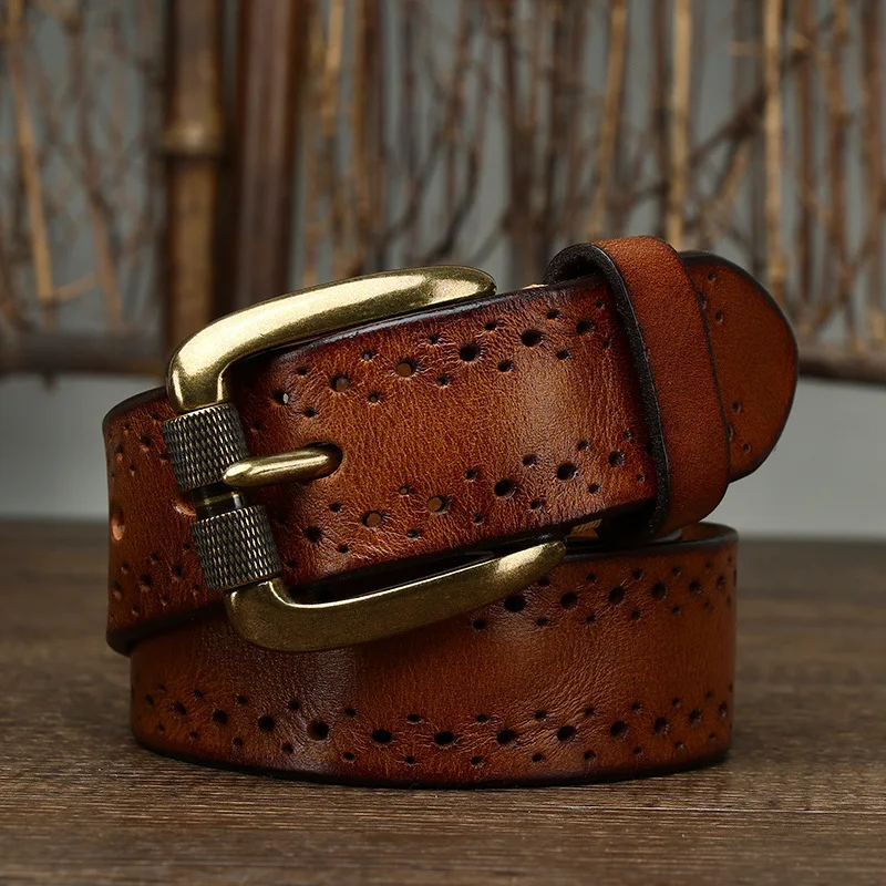 

3.8cm Width Top Layer Cowskin Belt For Men Luxury Mens Genuine Leather Belts For Jeans Fashion Hollow Out Pin Buckle Belt G852