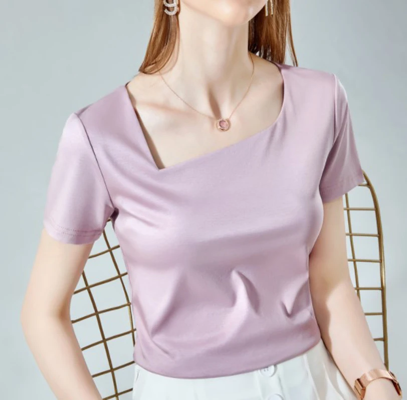 

Cultiseed Women New Fashion Summer Skew Collar Solid Color Ice Mercerized Cotton Short Sleeve Casual T-Shirts Tees Tops Clothes