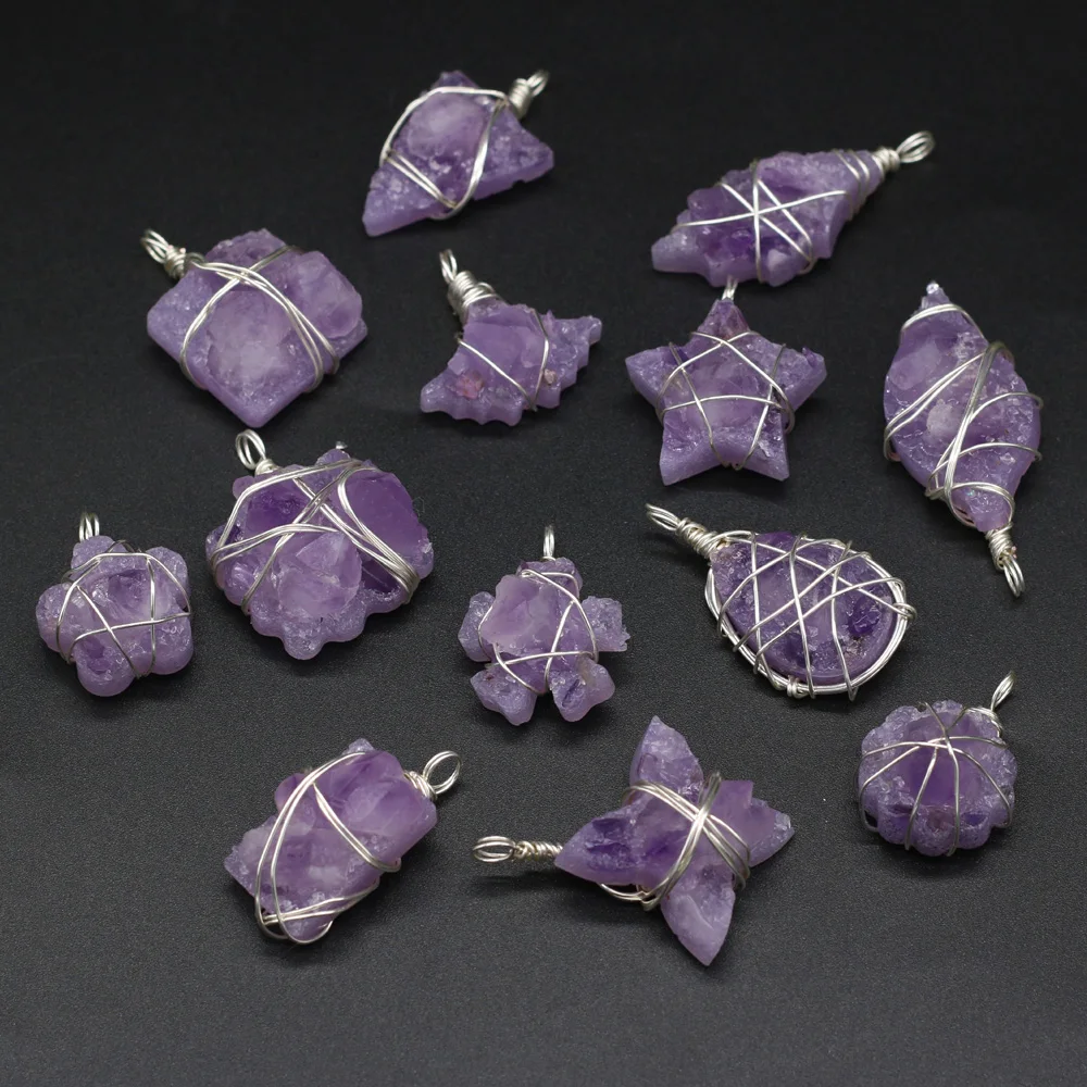 

Natural Druzy Pendants Sliver Color Wire Wrap Gem Amethysts for Trendy Jewelry Making Women Earring Necklace Gifts
