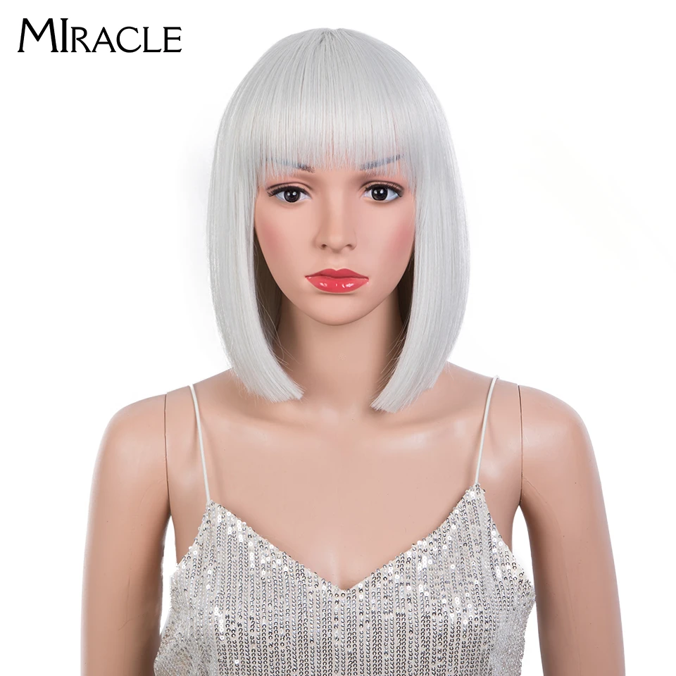 

Miracle Synthetic Straight White Blonde Short Bob Wigs With Bangs For Women 12Inch Ombre 613 Short Bob Wig Pink Cosplay wigs