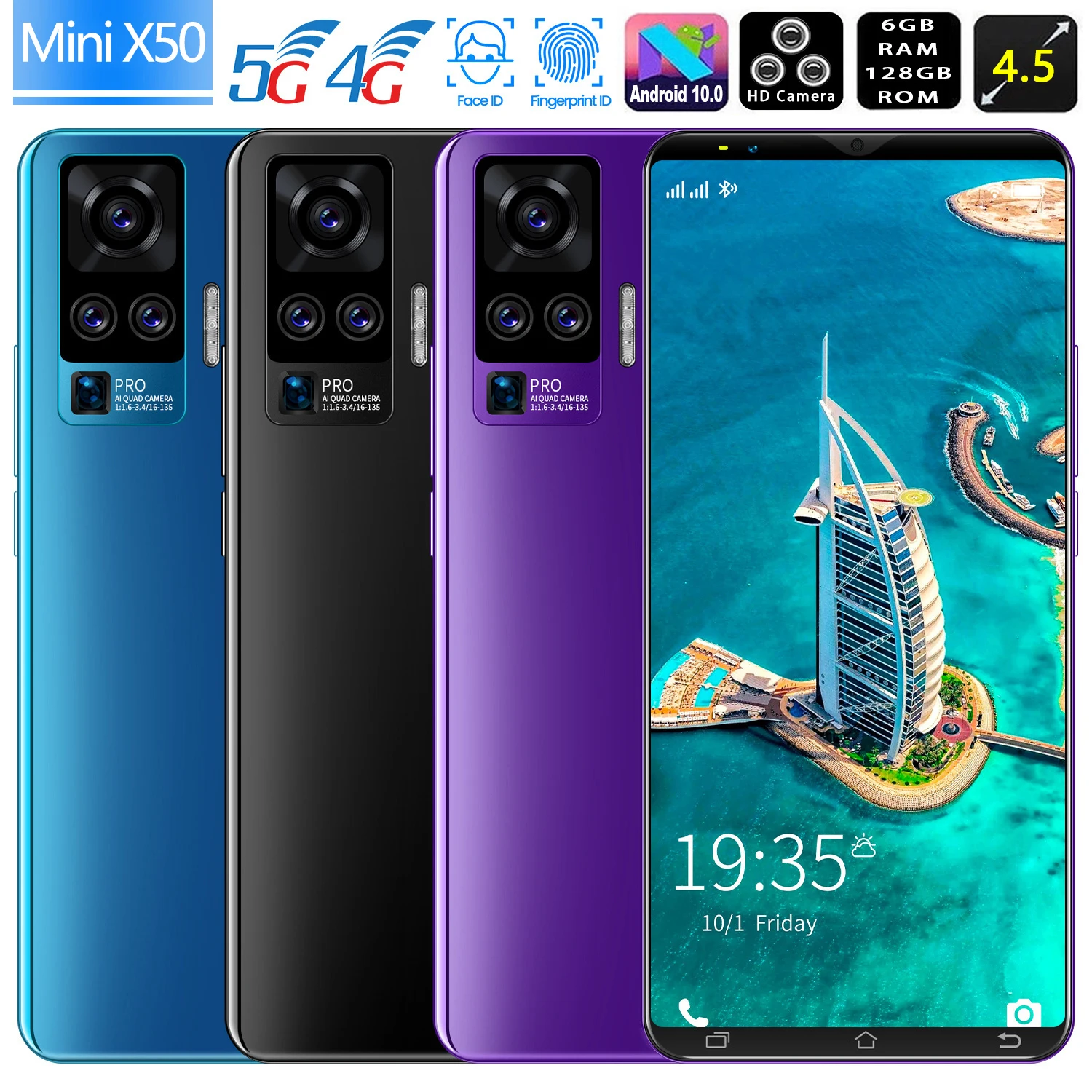 

Mini X50 4.5Inch Cellphone HD Full Screen 6+128GB 4800mAh Battery Mobilephone GPS 8MP+13MP Fingerprint ID Dual SIM 5G Smartphone