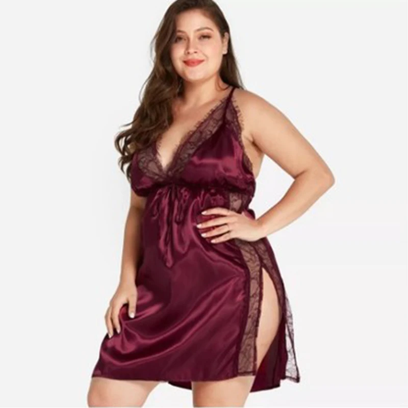 

Summer Sexy Women Night Dress Solid Stitching Modis Lace Bow Split V-Neck Sleeveless Open Back Sleepwear One Size Nightgown