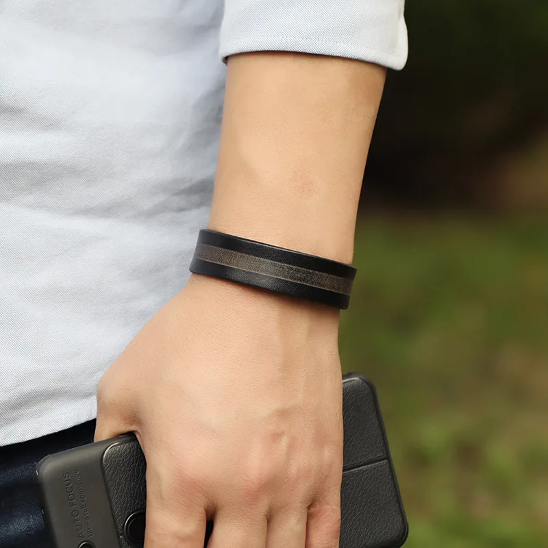 

18mm Wide Wrap Bangle Three Color Flat Genuine Leather Punk Men Bracelet Jewelry Geometric Simple Fashion Jewelry Pulsera Hombre
