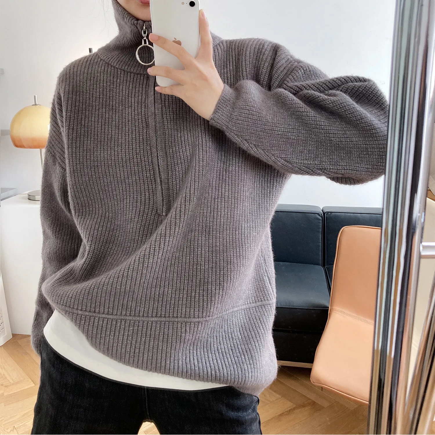 

High Neck Zipper Pullover Sweater Women 2021 Autumn Winter New Lazy Loose Outer Wear Thick Knitted Top