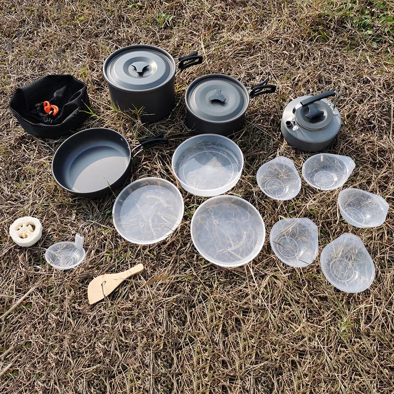 4-5 People Outdoor Portable Teapot Pot Set Camping Picnic Cookware Bowl Spoon 1.1L Teapot Outdoor Camping Cookware Set