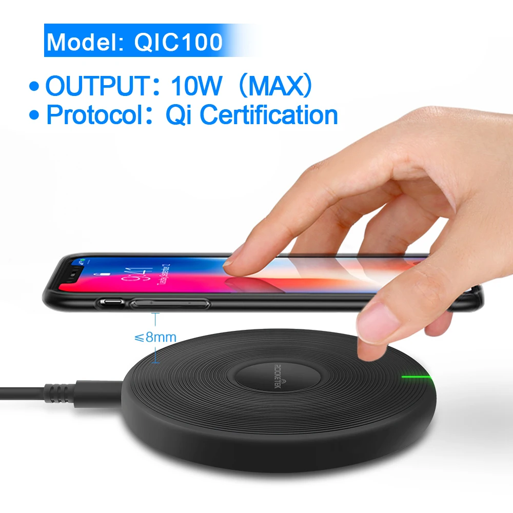 QIC100 Rocketek 10 Вт Qi Беспроводное зарядное устройство для iPhone X/XS Max XR 8 Plus Видимый элемент беспроводной зарядной площадки для samsung S9 S10+ Note 10 - Тип штекера: QIC100