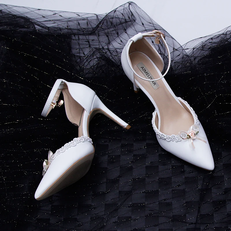 

French Mori White Pointed Hollow Banquet A- line with High Heels Bow Flower Pretty Girl Bridesmaid Shoes New