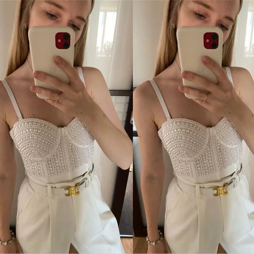 

Sexy Pearls Rhinestone Cropped Tops Women Bustier White Tank Top Rave Festival Club Party Top Underwear Camis