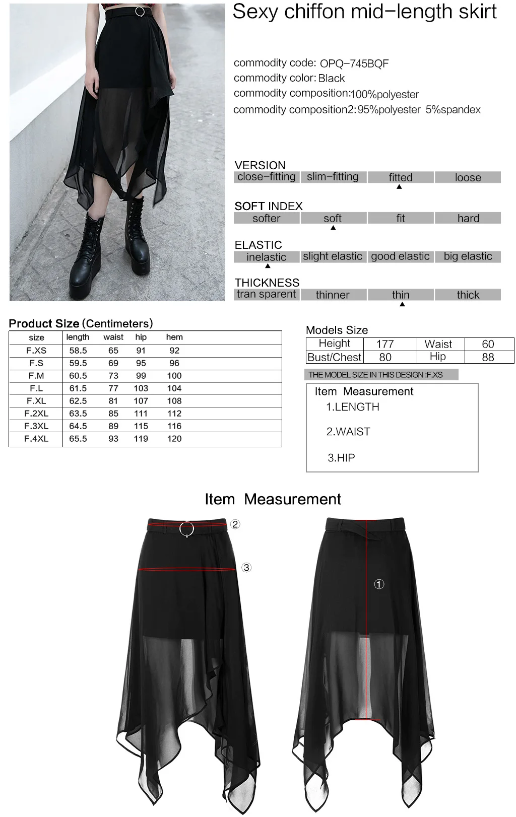 

PUNKRAVE Women's Punk Fake Two-piece Sexy Chiffon Mid-length Skirt Gothic Fashion Adjustable Belt Casual Long Skirt