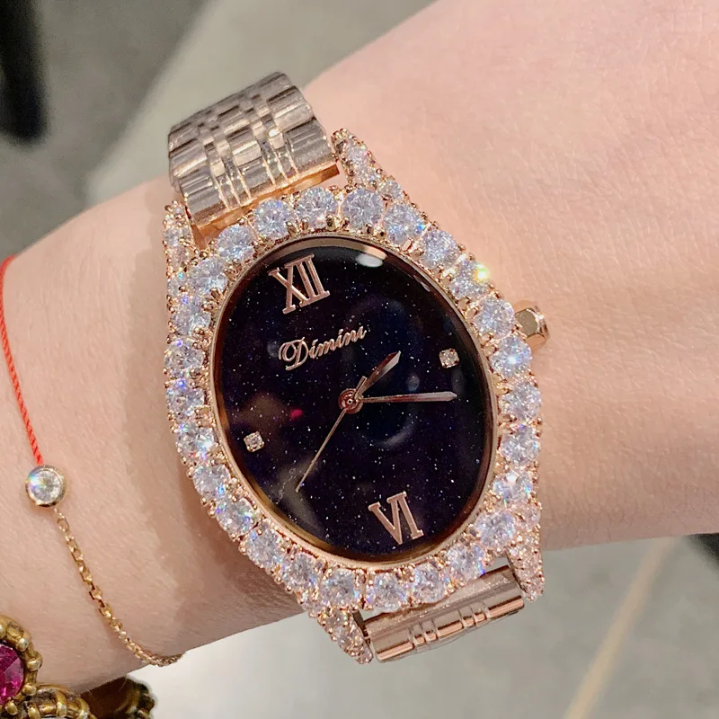 Часы женские кварцевые из нержавеющей стали овальные наручные с бриллиантами