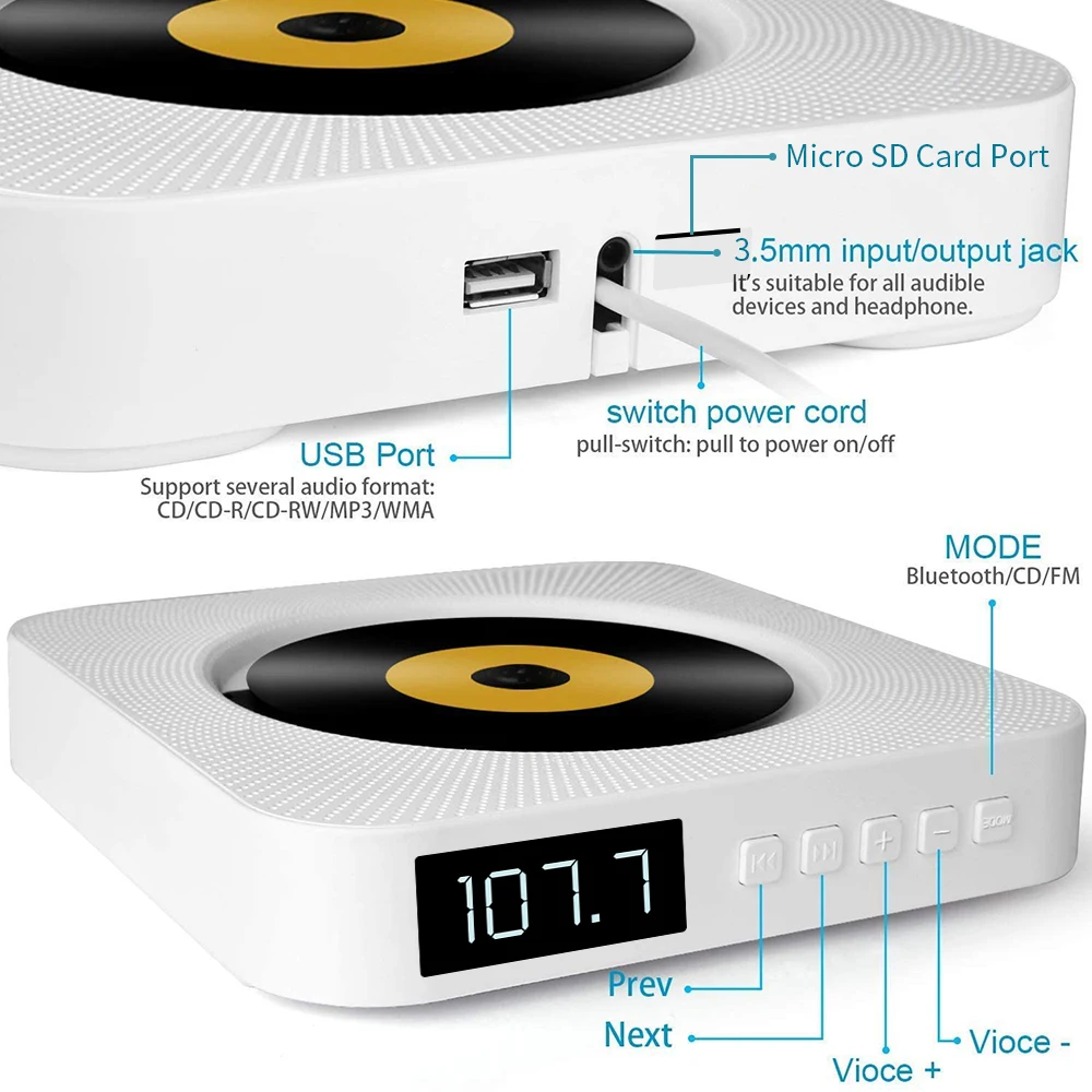 

Настенный CD-плеер 2022, объемный звук, FM-радио, Bluetooth, USB, MP3 диск, портативный музыкальный плеер, стерео динамик с дистанционным управлением