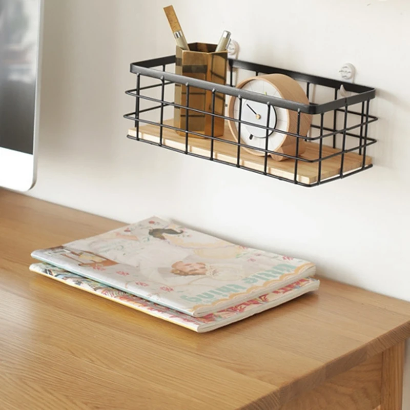 Laundry basket organizer Iron Wall Shelf With Wooden Board Hanging Storage Basket Sundries Shelves Holder Rack Home Decoration |