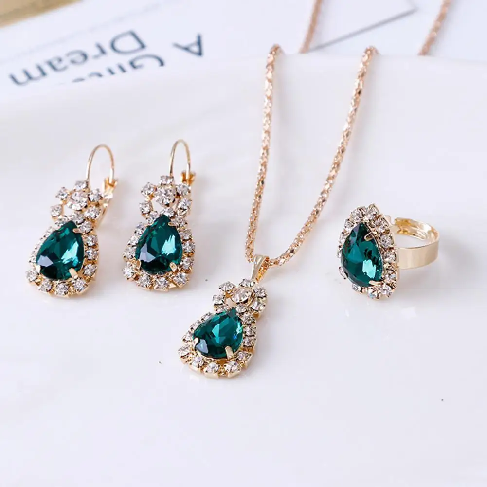 

3Pcs/Set Women Water Drop Bright Alloy Rhinestone Pendant Necklace Earrings Ring Jewelry Set for Valentine Day